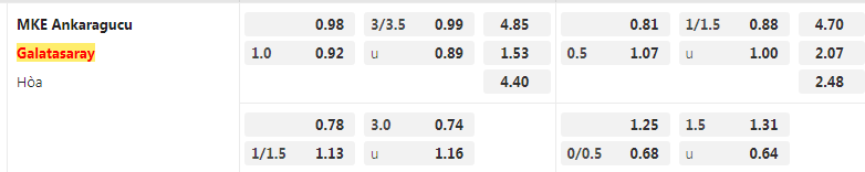 Tỷ lệ kèo Ankaragucu vs Galatasaray